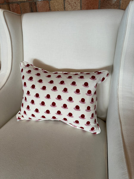 Lumbar cushion in Molly Mahon Berry Block print Rose