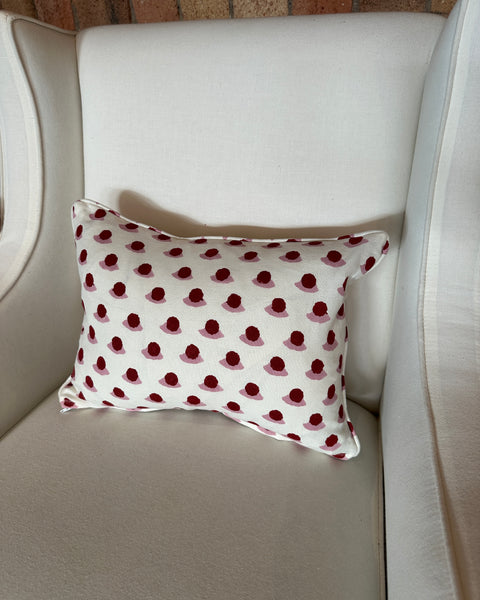 Lumbar cushion in Molly Mahon Berry Block print Rose