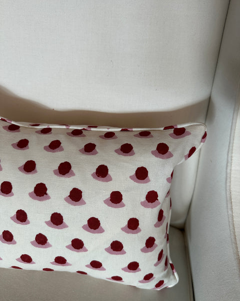Lumbar cushion in Molly Mahon Berry Block print Rose