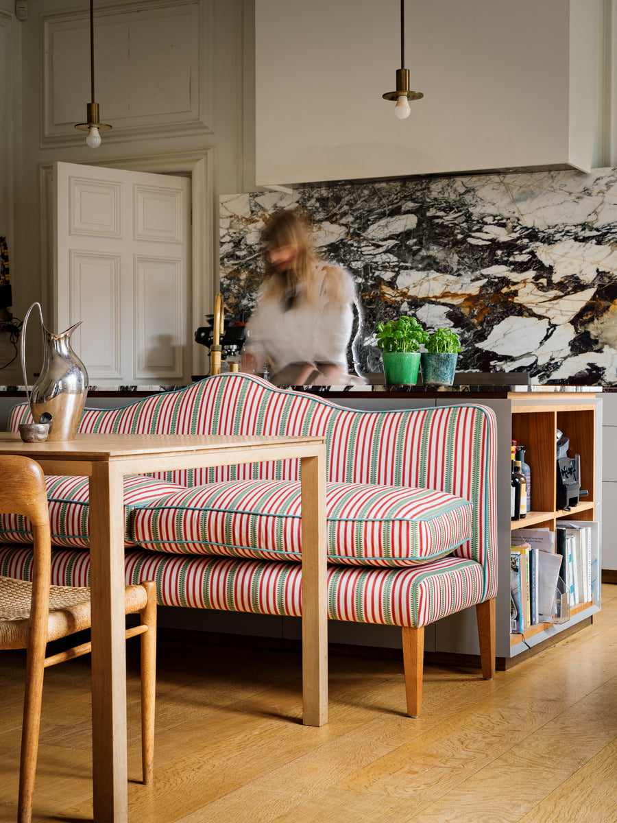 181cm Natalie Banquette in Sanderson Barneby stripe in berry