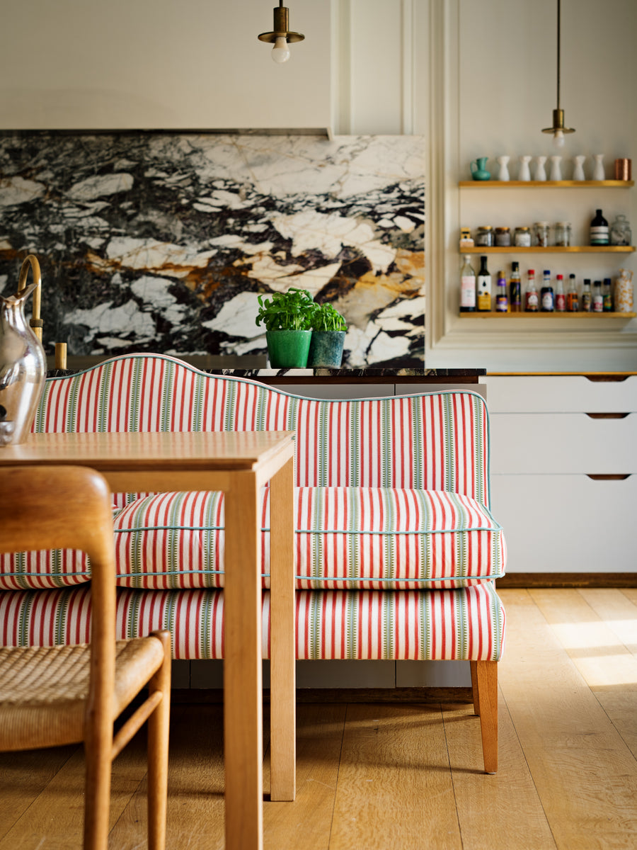 181cm Natalie Banquette in Sanderson Barneby stripe in berry