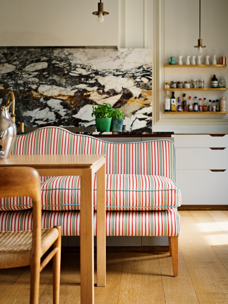 181cm Natalie Banquette in Sanderson Barneby stripe in berry