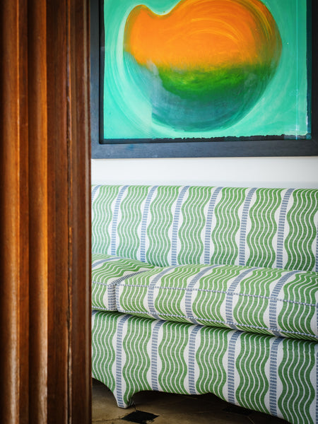 182cm Claudia Banquette in Schumacher Sina stripe in green