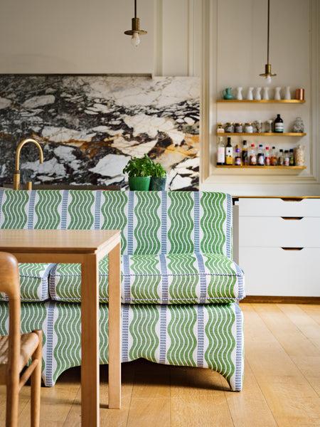 182cm Claudia Banquette in Schumacher Sina stripe in green