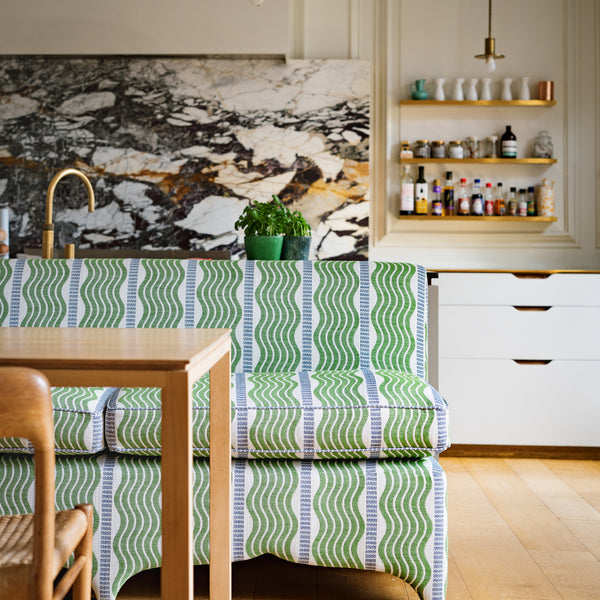 182cm Claudia Banquette in Schumacher Sina stripe in green