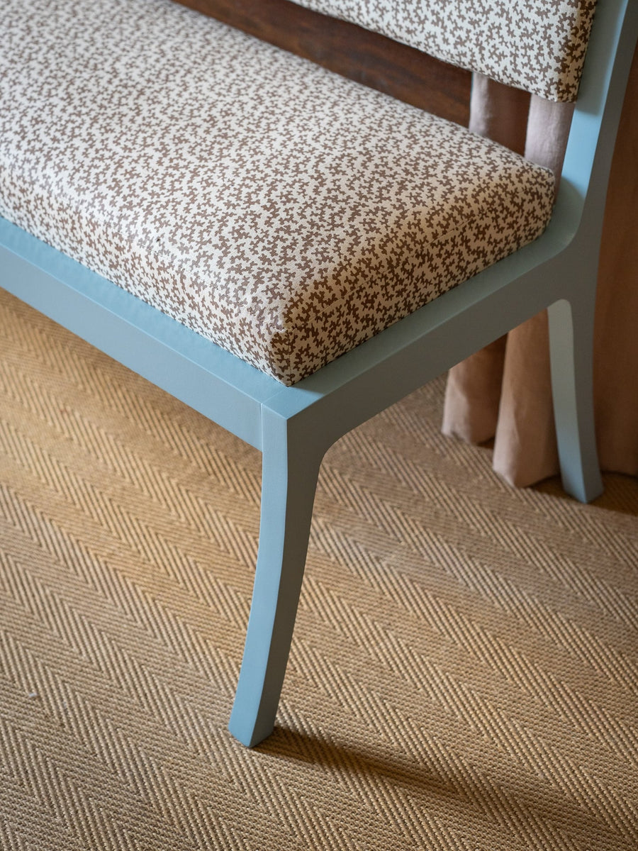 180cm Daphine Banquette bench in Sibyl Colefax seaweed in brown and farrow & ball parma gray