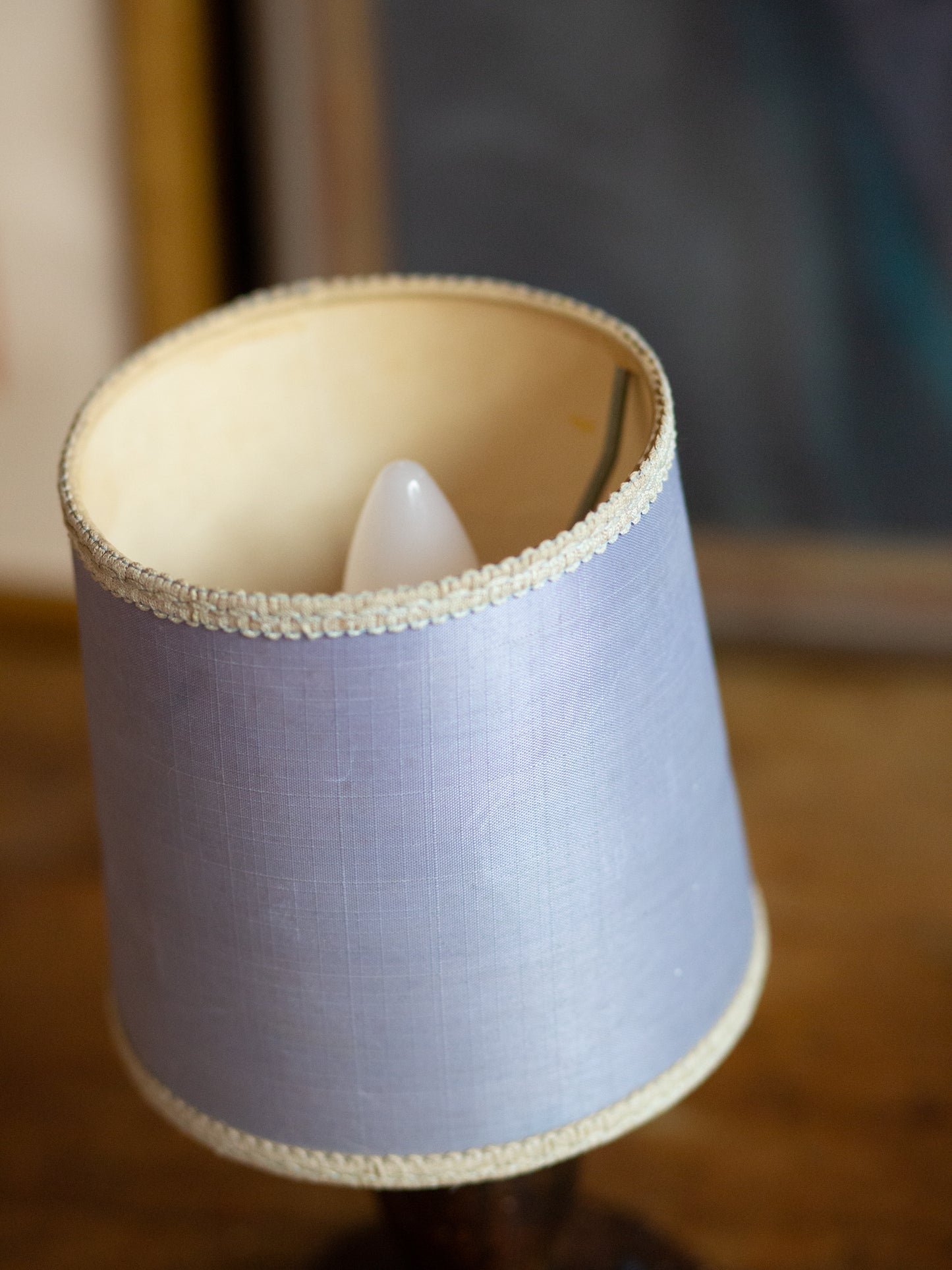 Sweetest 1960's Pale Blue Raw Silk Shade & Original Oak Base | Fully refurbished with new cable