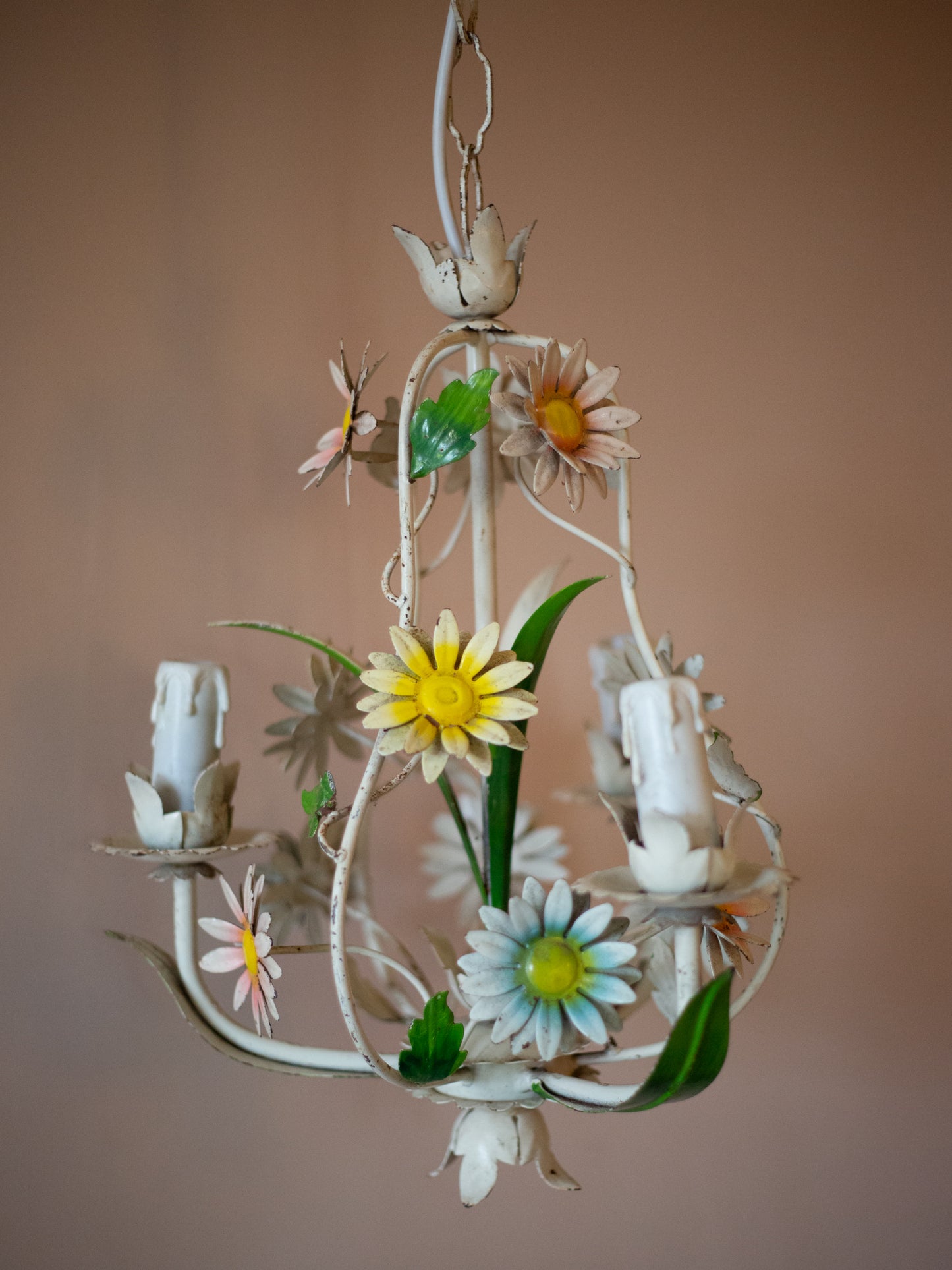 Merveilleux Français vintage Toleware Floral Light Pendant Chandelier | Recâblé | Belles couleurs