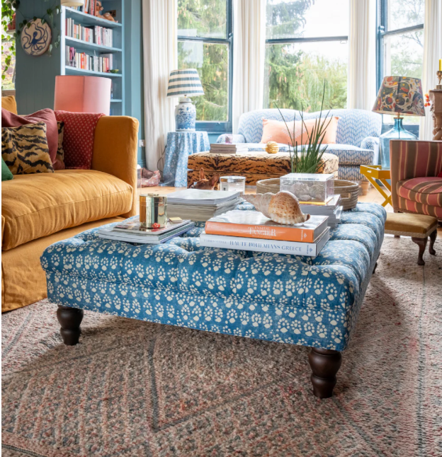 SECONDS Rebecca buttoned ottoman in Soane Paw Print (fabric discontinued)