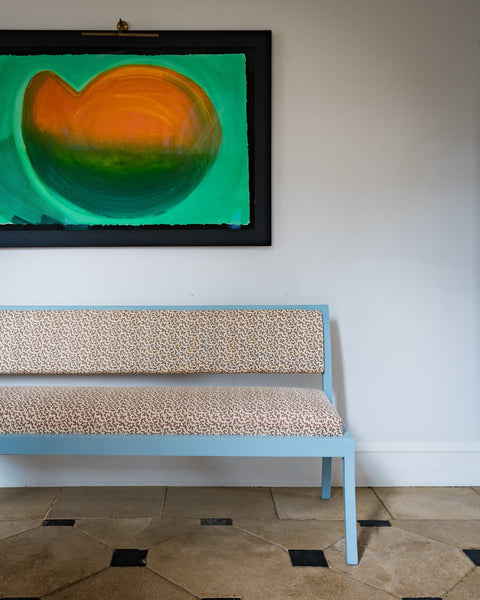 180cm Daphine Banquette bench in Sibyl Colefax seaweed in brown and farrow & ball parma gray