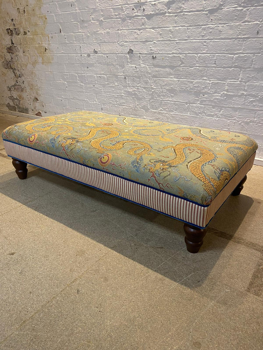 Bryher ottoman in Schumacher Serpentine Dragon and Caramel ticking