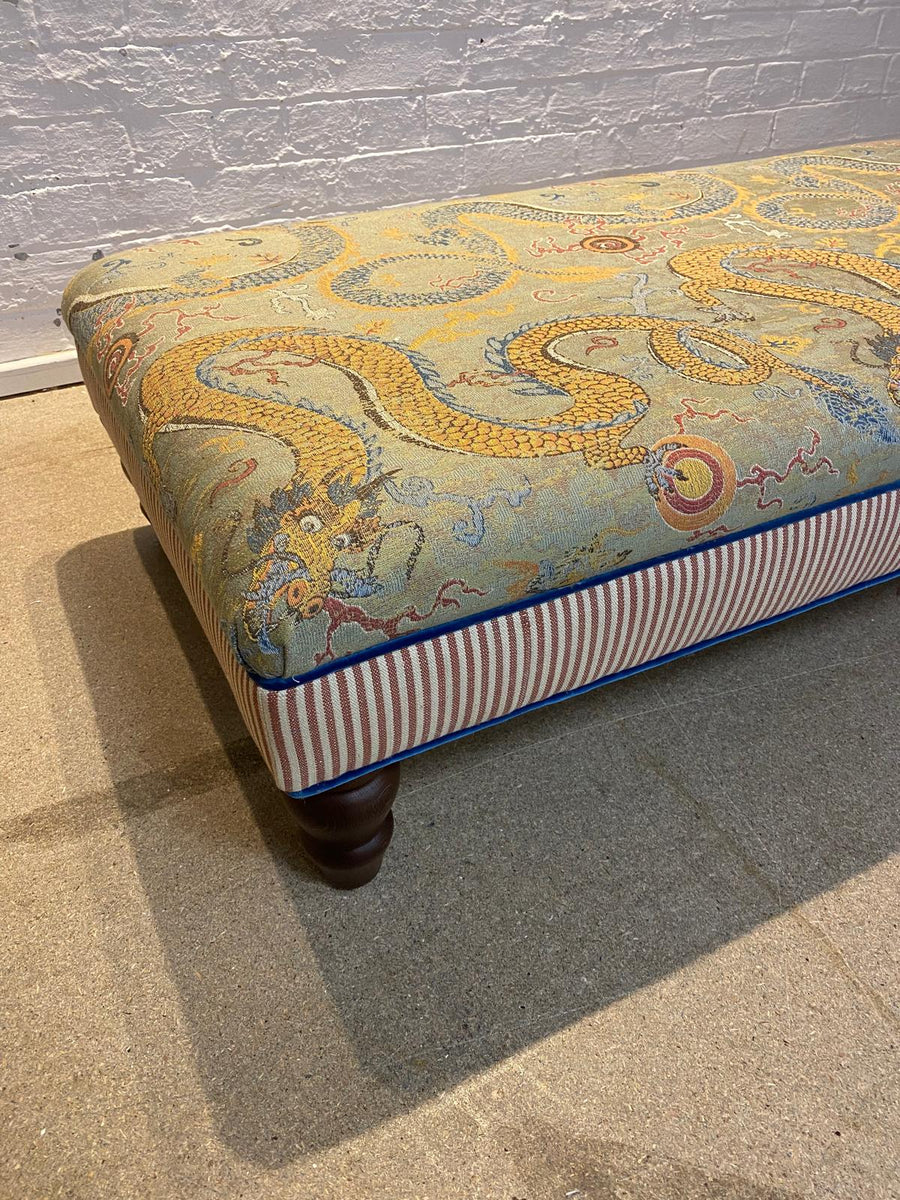 Bryher ottoman in Schumacher Serpentine Dragon and Caramel ticking