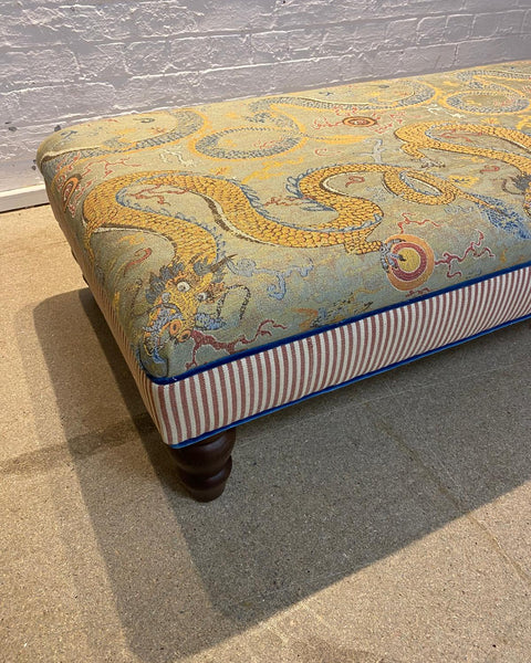 Bryher ottoman in Schumacher Serpentine Dragon and Caramel ticking