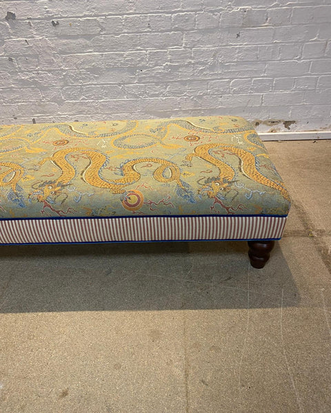Bryher ottoman in Schumacher Serpentine Dragon and Caramel ticking