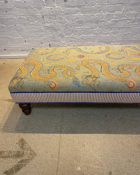Bryher ottoman in Schumacher Serpentine Dragon and Caramel ticking