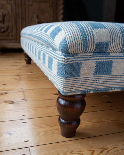 Available Now | Bryher Classic Ottoman In Christopher Farr Lost and Found Denim - The House Upstairs