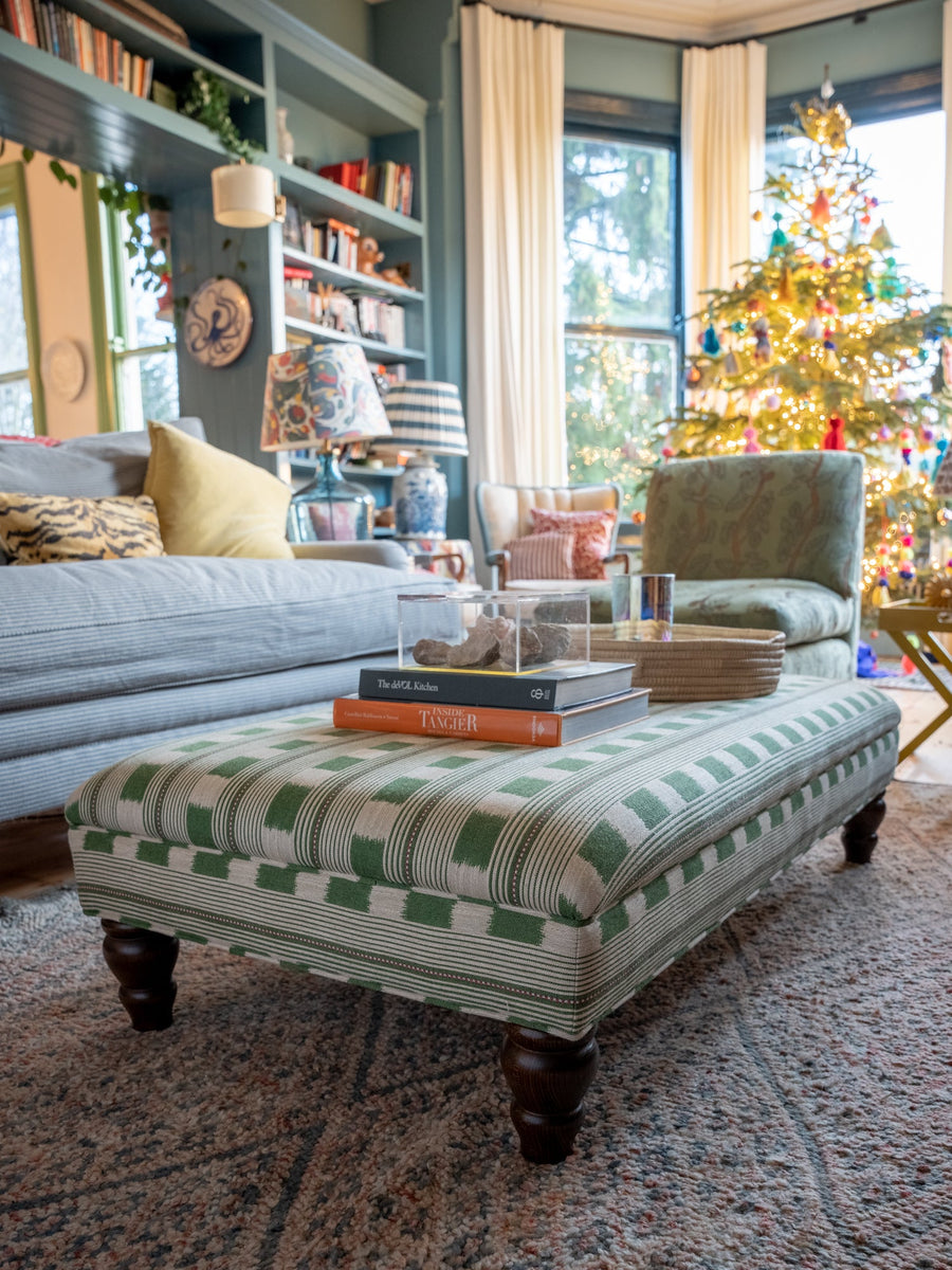 Available Now | Bryher Classic Ottoman In Christopher Farr Lost and Found Green