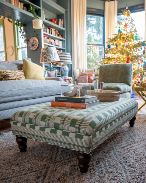 Available Now | Bryher Classic Ottoman In Christopher Farr Lost and Found Green