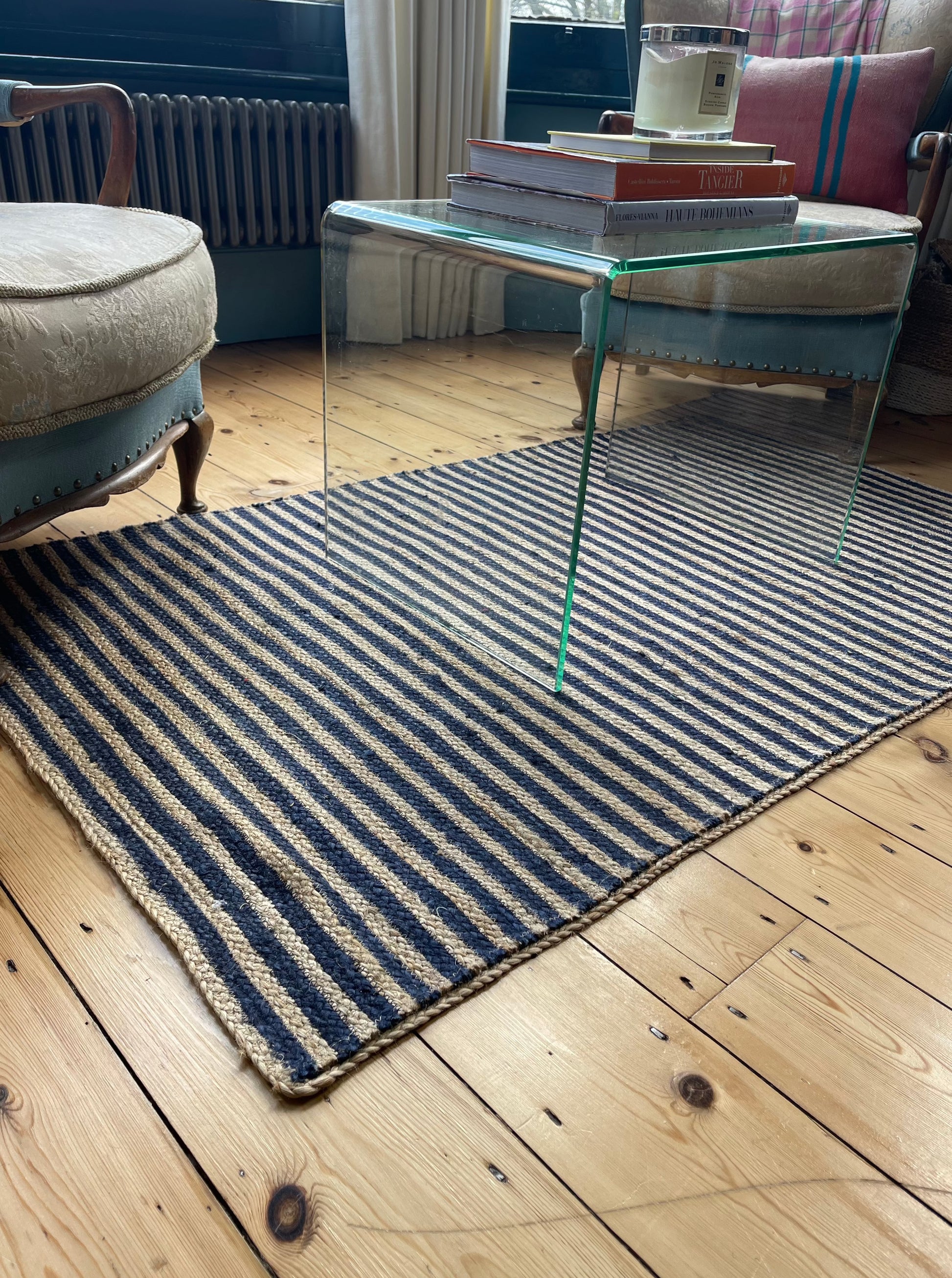 Jute carpet in Natural & Navy. Available in a range of sizes