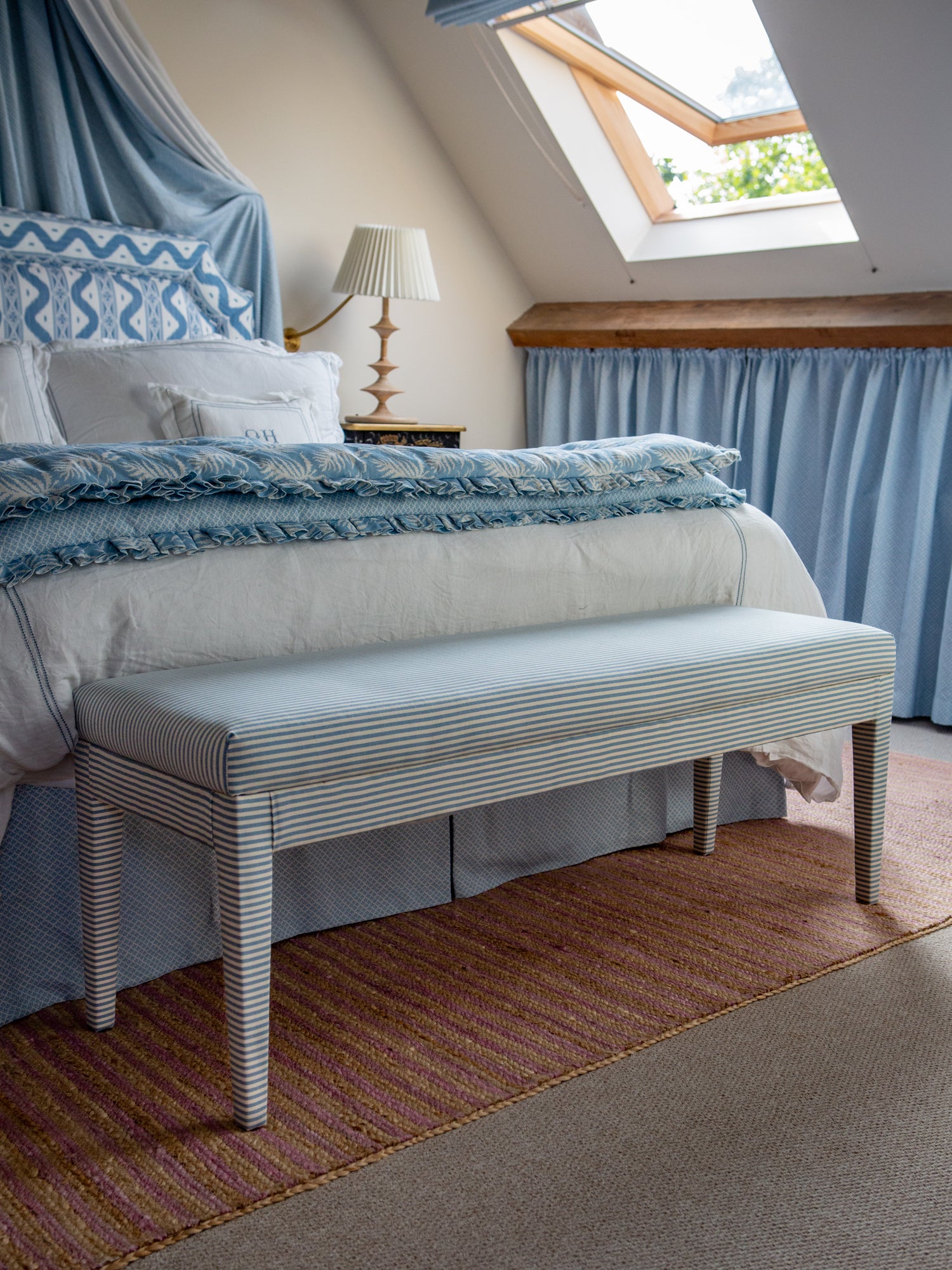 Our Aria end of bed bench in Cloth Shop Candy Stripe Blue