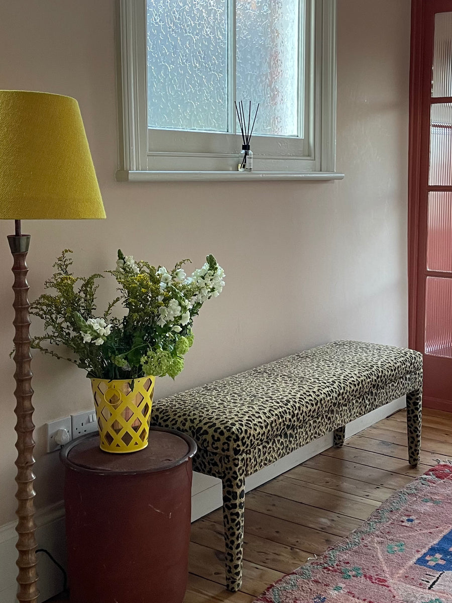 Aria custom fabric end of bed bench in Claremont Bon Marche Leopard print used as a hall bench