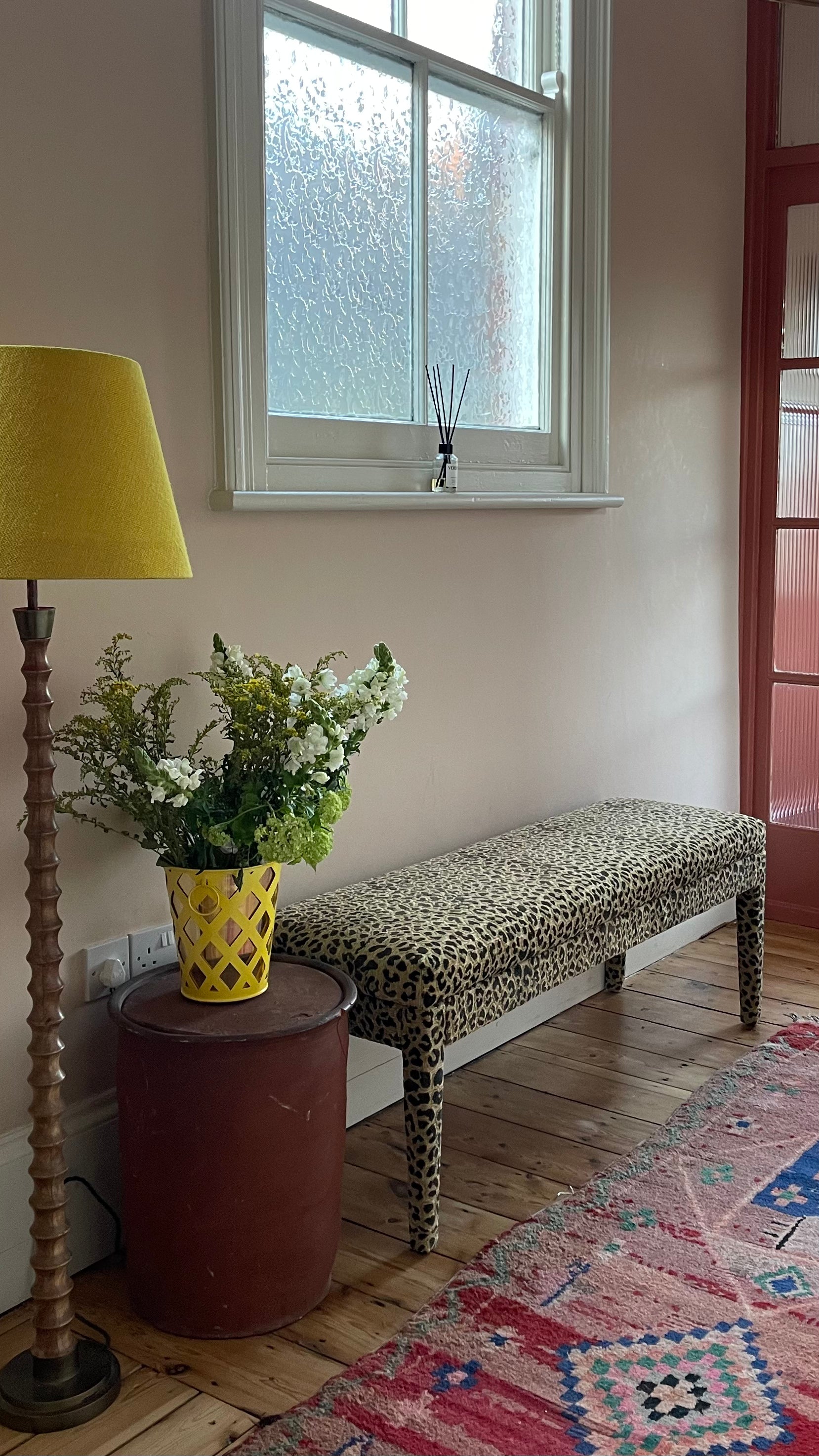 Aria custom fabric end of bed bench in Claremont Bon Marche Leopard print used as a hall bench