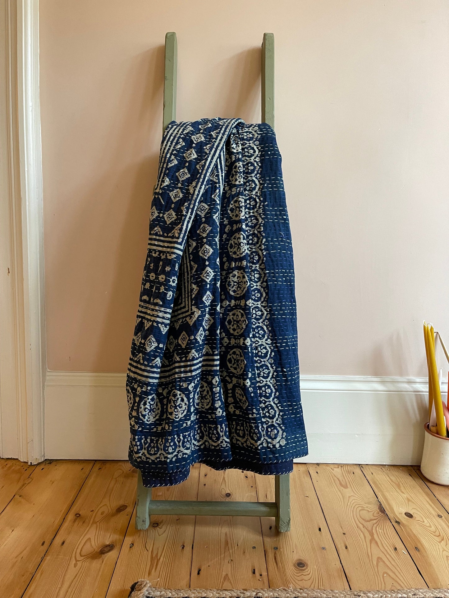 Indigo King Size Hand Embroidered Kantha - The House Upstairs